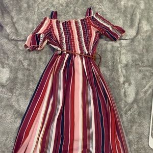 purple off the shoulder dress with belt